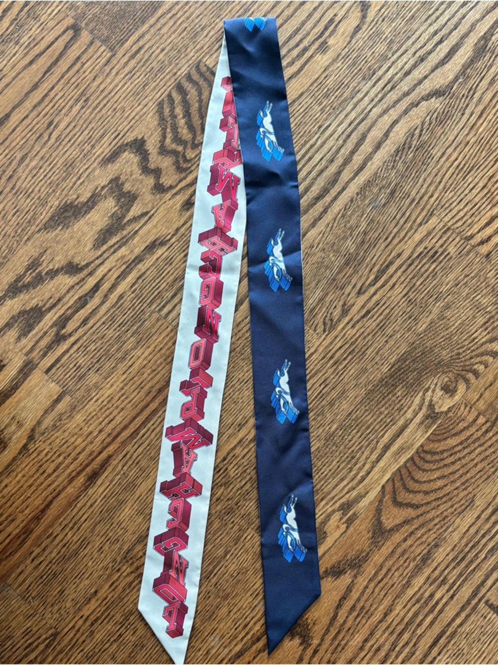 Silk Dual-Pattern Skinny Longchamp  scarf in Navy and White with Red Accents